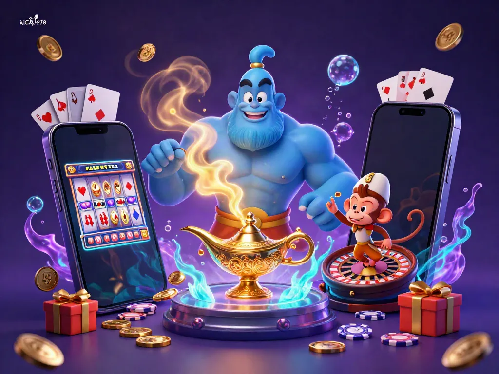 Engage in thrilling gameplay with KICAU678, featuring a vibrant genie and magical casino elements.