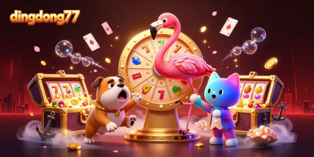 Dingdong77 showcases vibrant slot game excitement featuring a flamingo host and a bulldog contestant in a dynamic scene