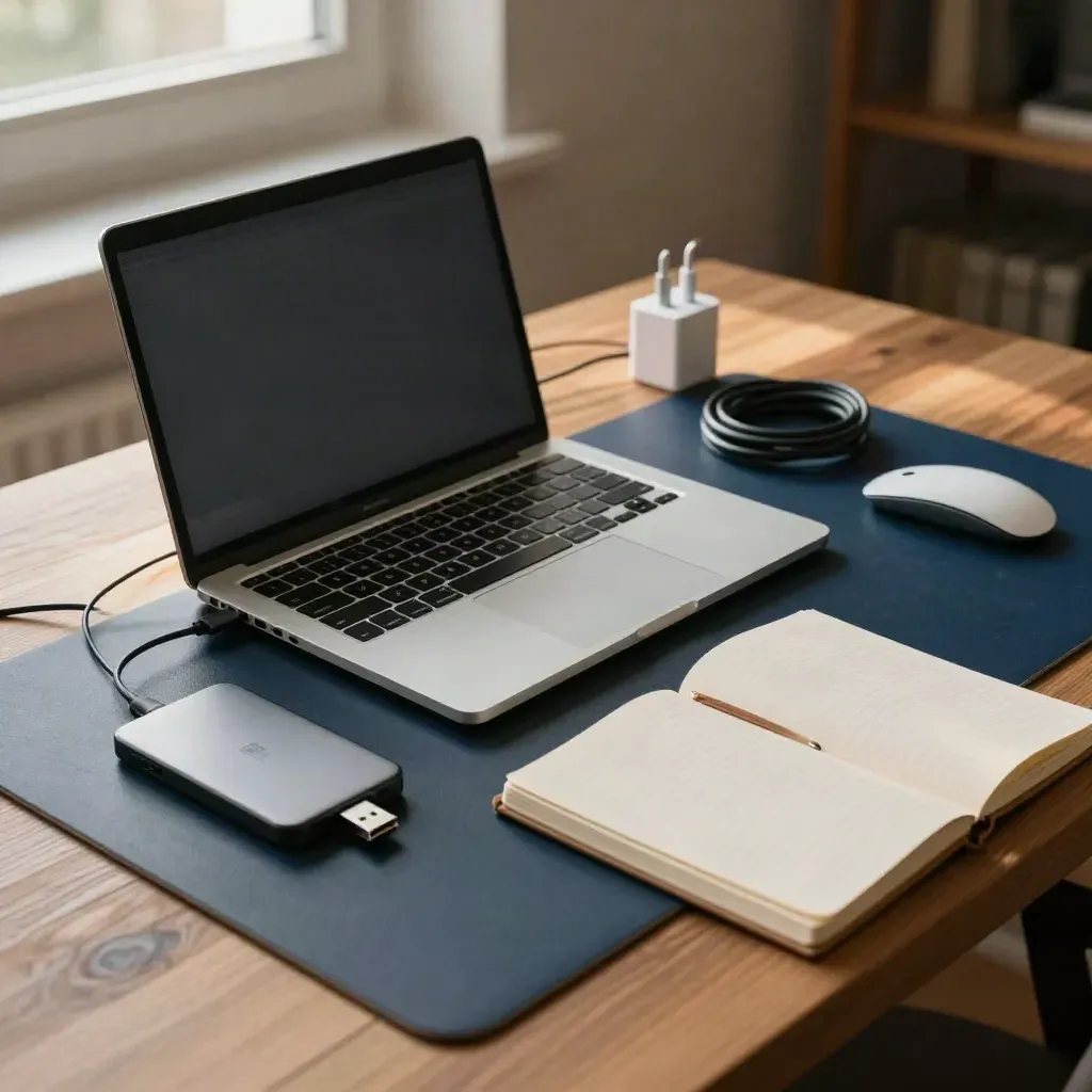 Laptop install kit with USB stick, SSD, cable, mouse, charger and notebook on a warm desk