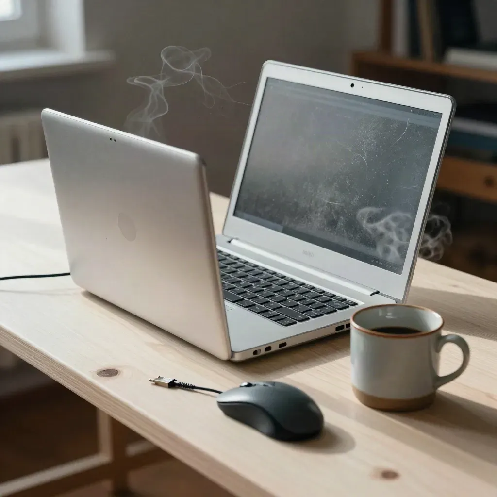 Worn Mint laptop, mouse, charger and steaming mug on a frosty morning workbench.