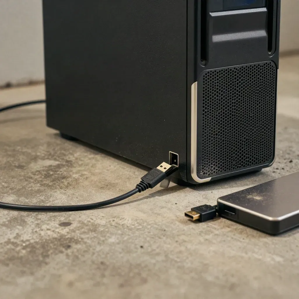 Open desktop tower on a garage floor with rescue USB stick and loose HDMI cable, lit dramatically.