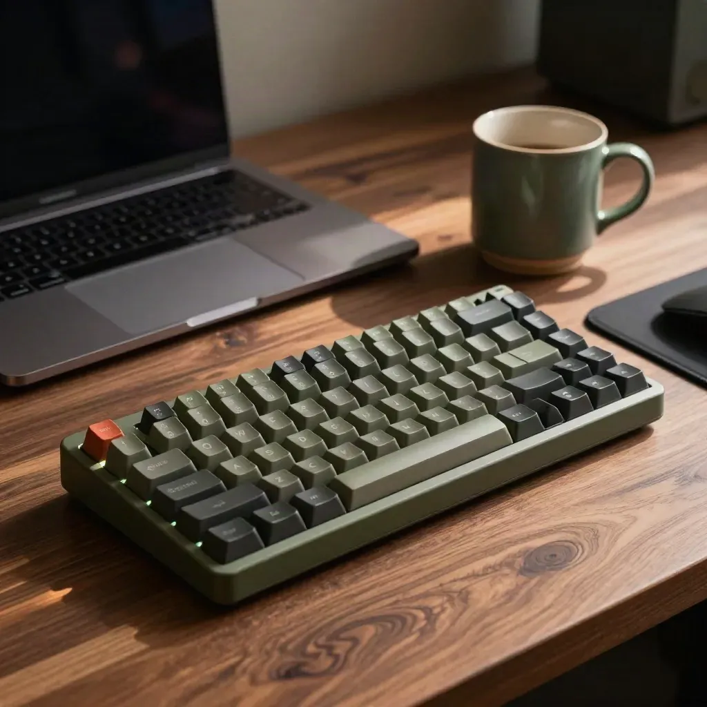 Keyboard, turned laptop, mug, and mousepad in dramatic low light on a walnut workstation.