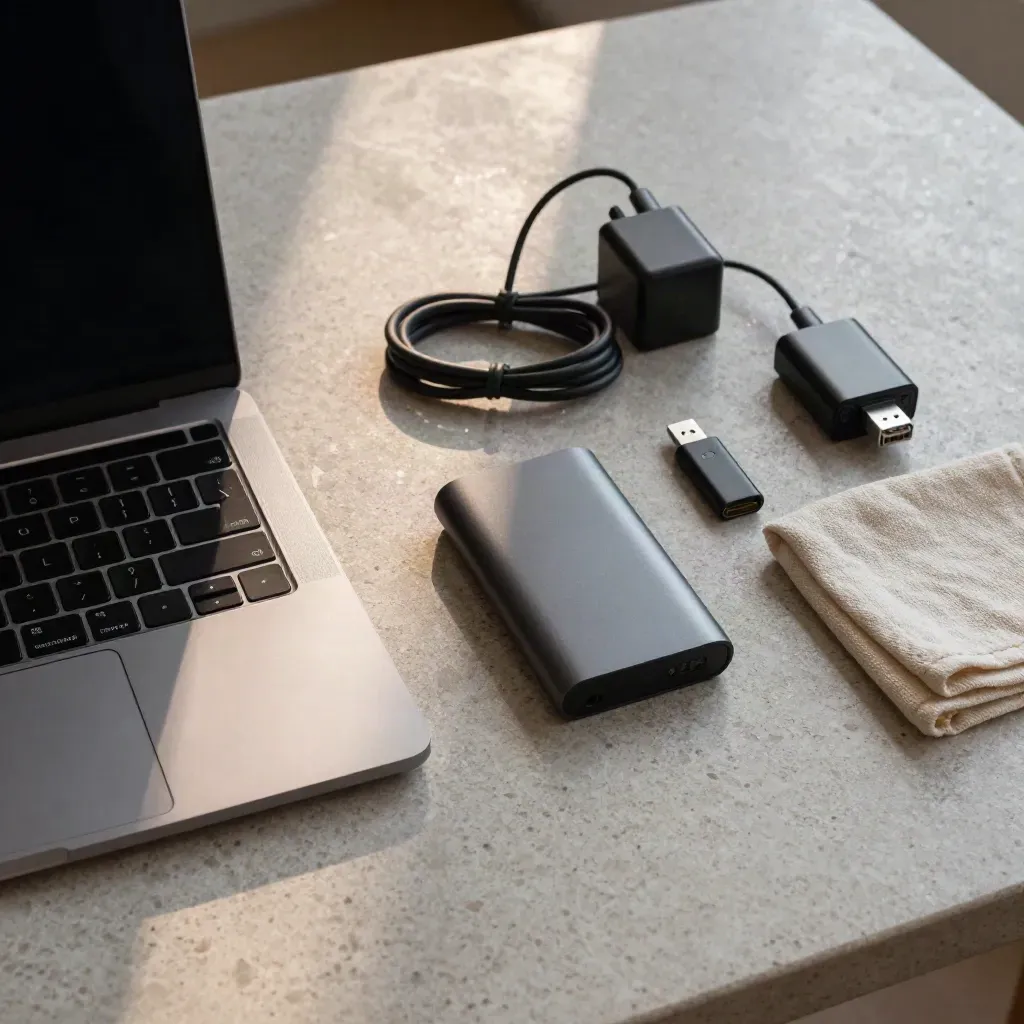 Top-down laptop reboot checklist with USB stick, backup drive, charger, ethernet adapter and cloth.