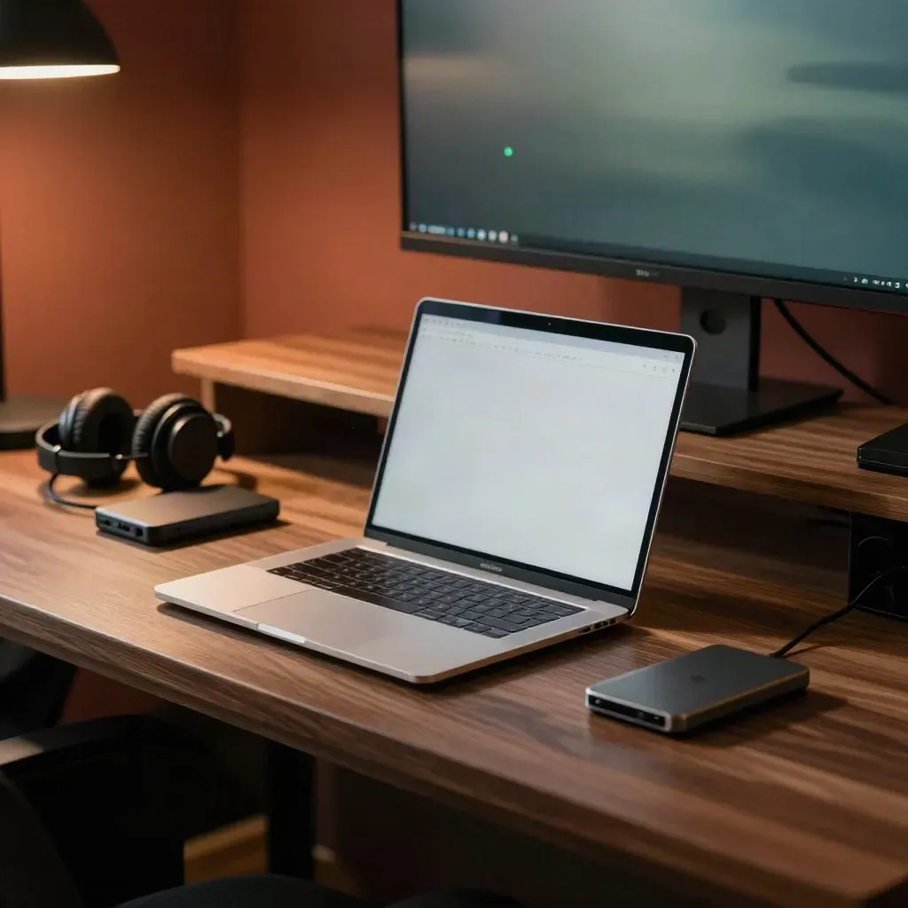 Low-angle Fedora laptop setup with dock, SSD, headphones, and blurred monitor in warm home-studio light