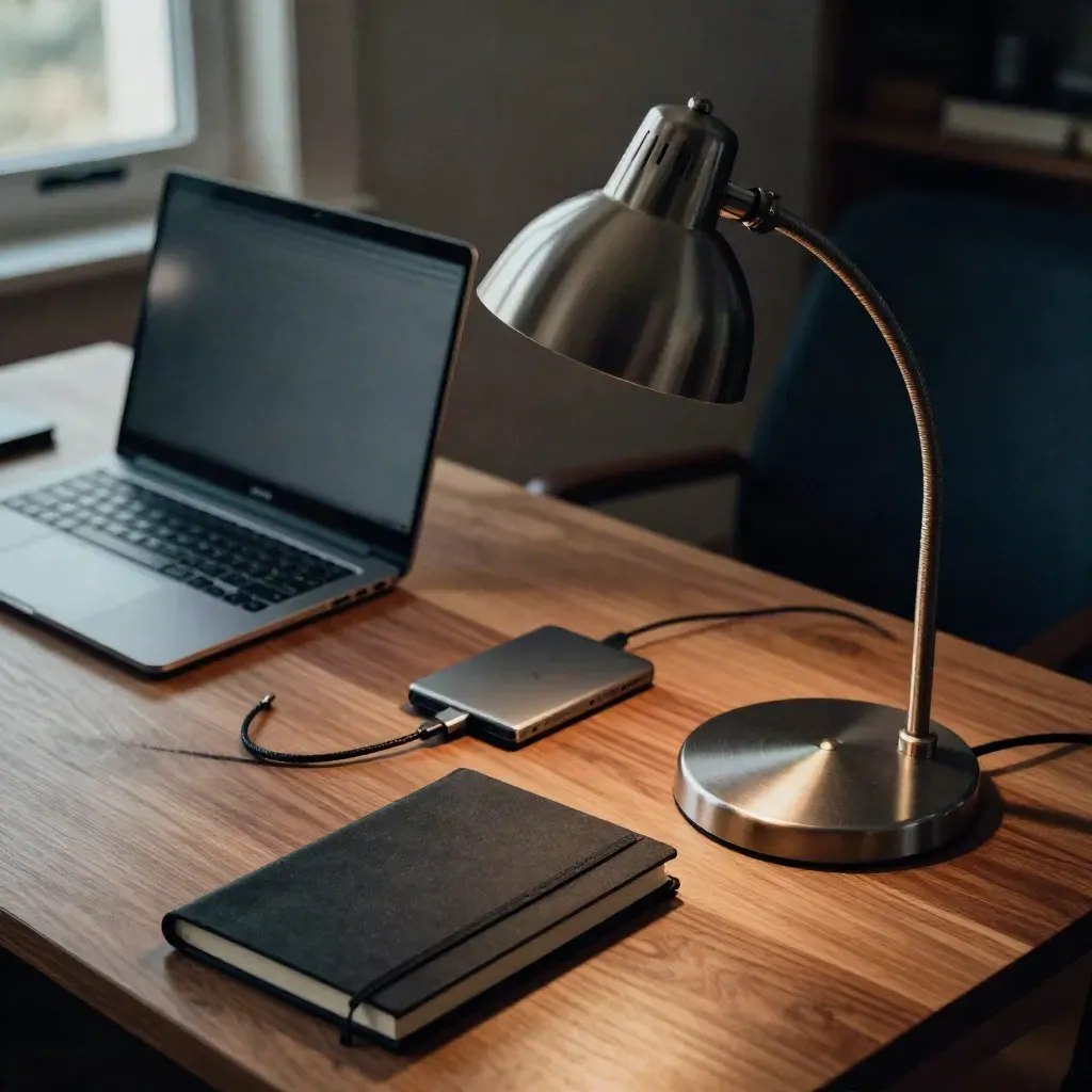 Cozy desk with laptop, notebook, SSD, and lamp base in soft evening glow.