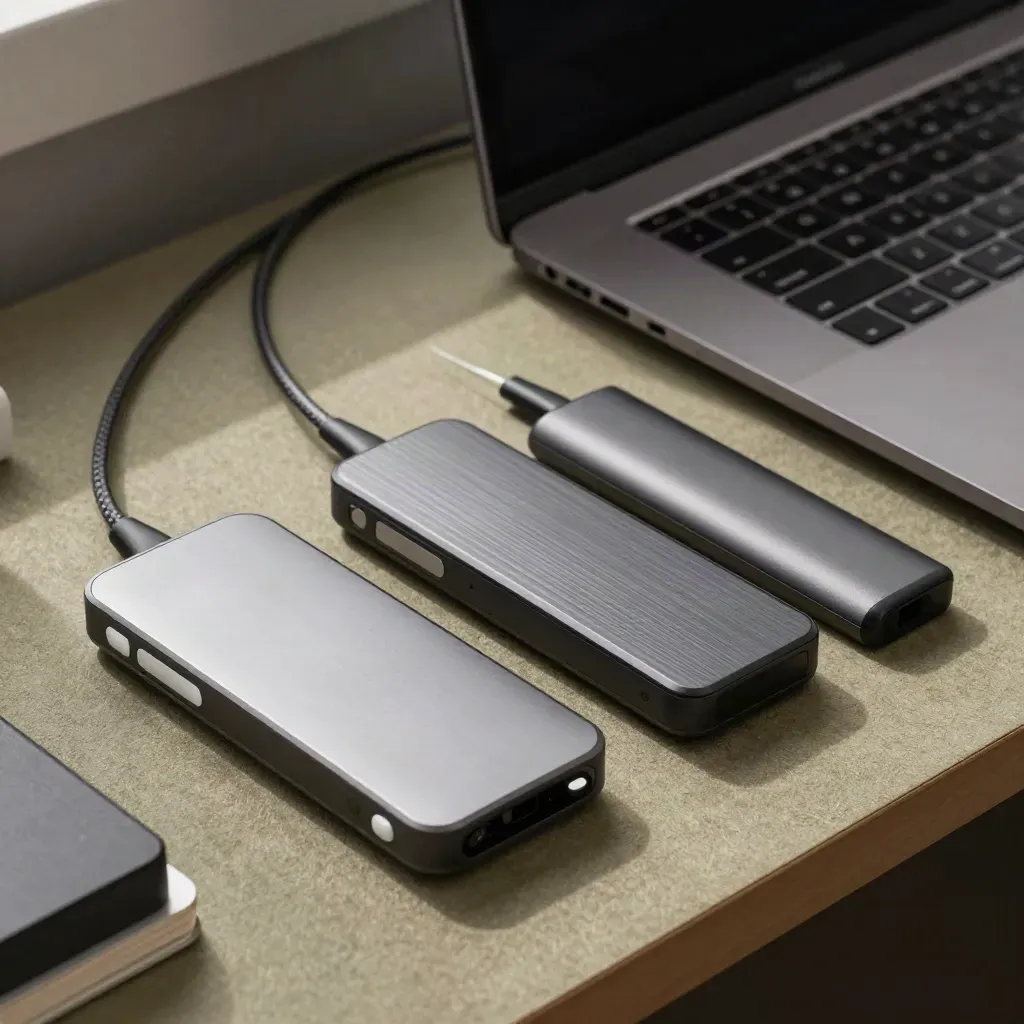 Three backup drives, compact keyboard and docked laptop in a dusty server nook under raking daylight.