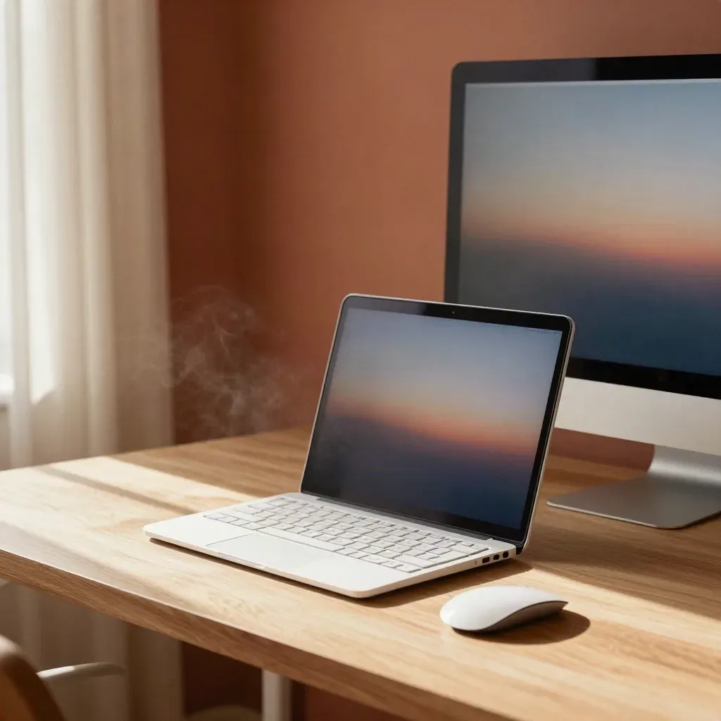 Warm home office with laptop, keyboard, mouse, and angled monitor in sunlit haze.
