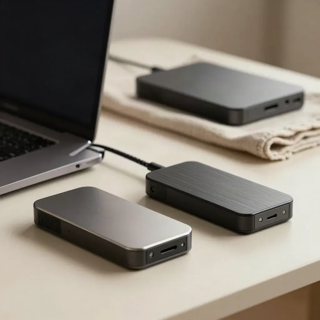 Backup drives, laptop and dock staged for a restore check on a dim utility shelf.