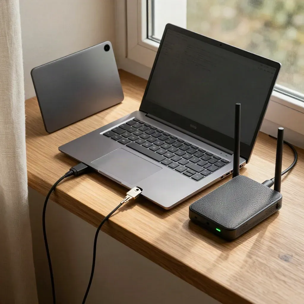 Laptop privacy setup with webcam cover, security key, backup drive and router on a sunlit oak seat.