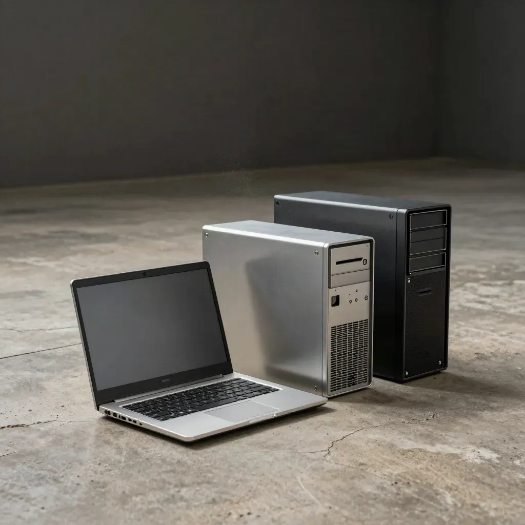 Old laptop, desktop tower and compact server box on concrete, lit low in cinematic haze.