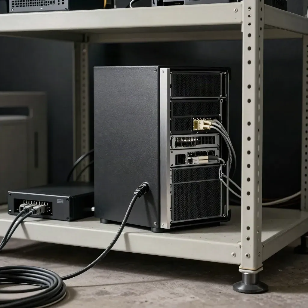 Floor-level server corner with switch, UPS and cables glowing in white LEDs