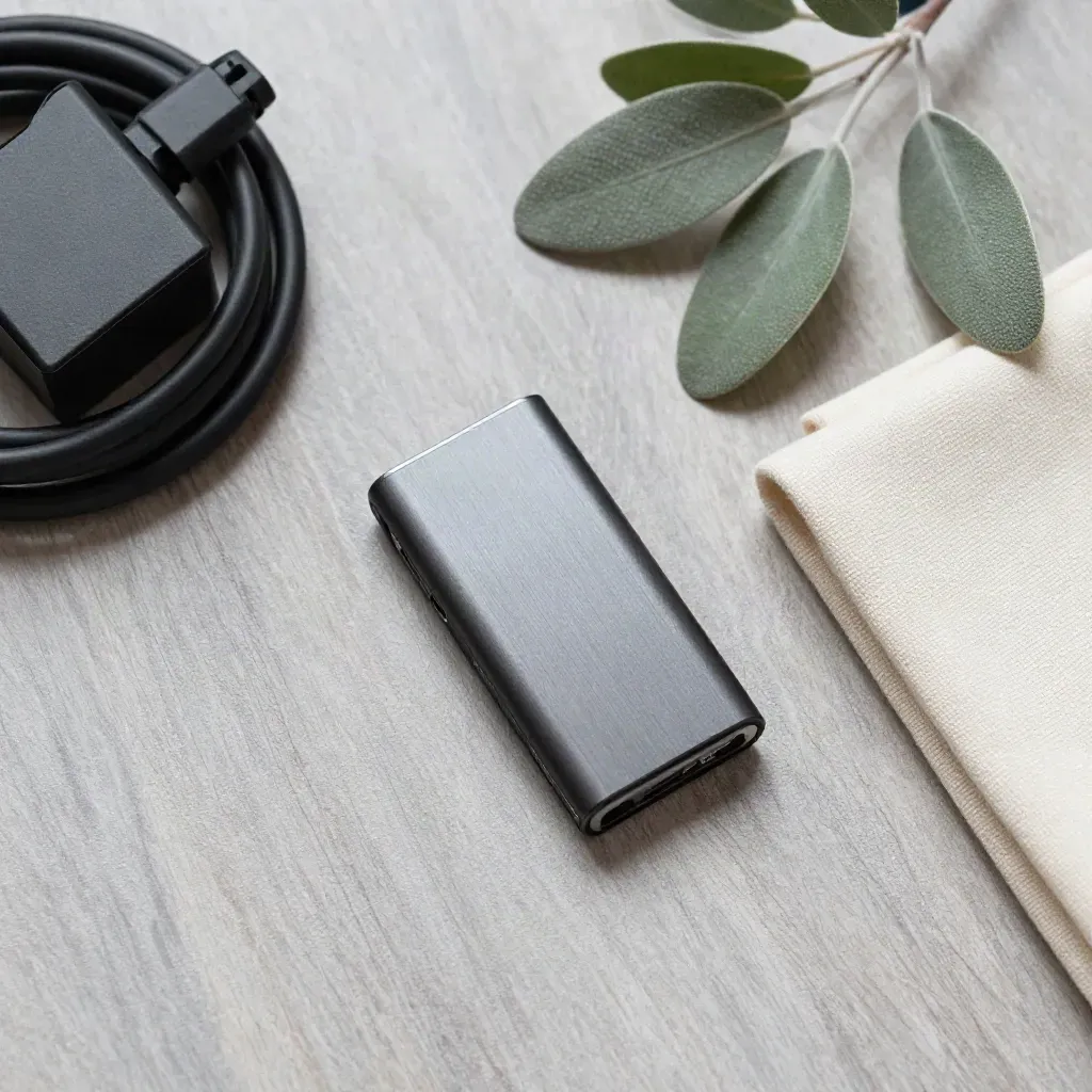 Overhead flatlay of a USB installer drive, charger, linen cloth, and small plant on pale wood.