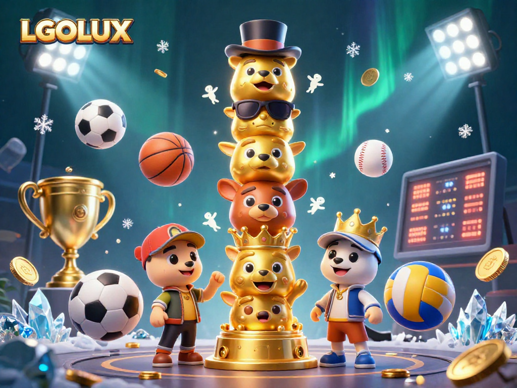 Experience the thrill of LGOLUX with a vibrant 3D casino illustration featuring dynamic sports betting elements.