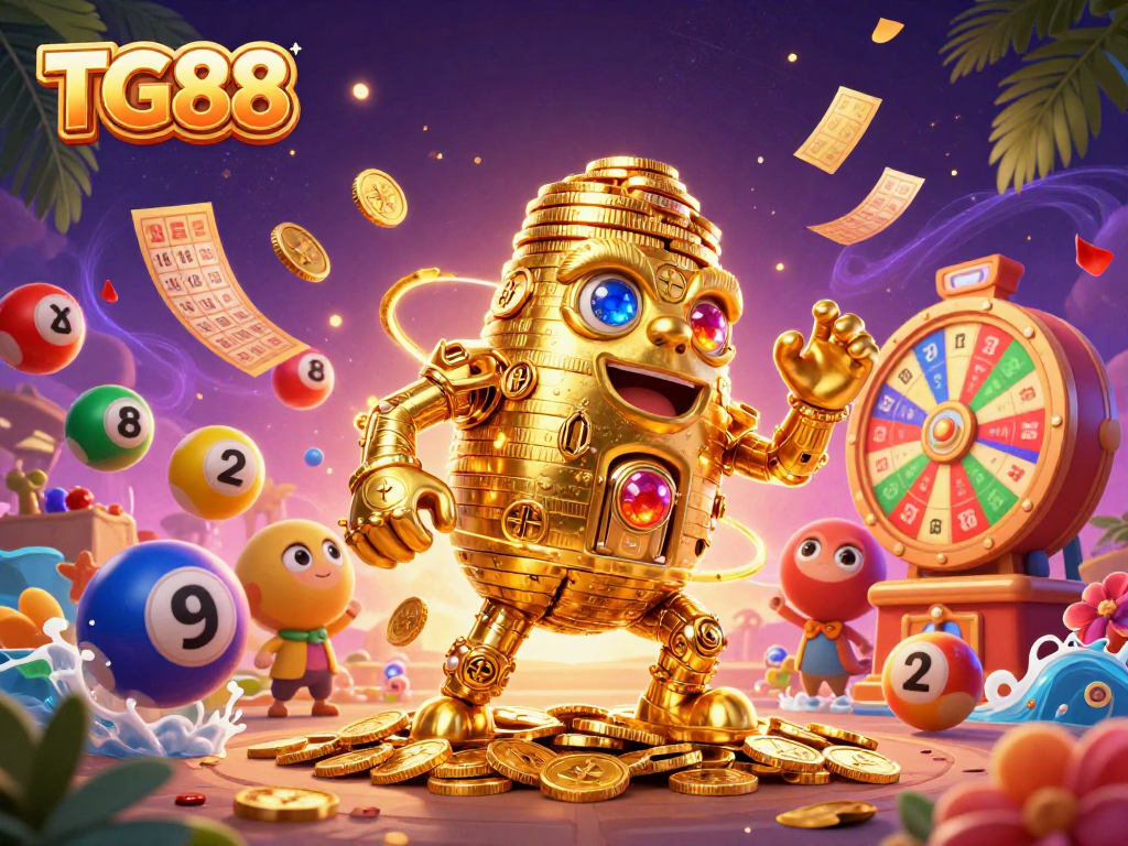 Experience the excitement of TG88 with a golden golem surrounded by vibrant lottery balls and game elements.