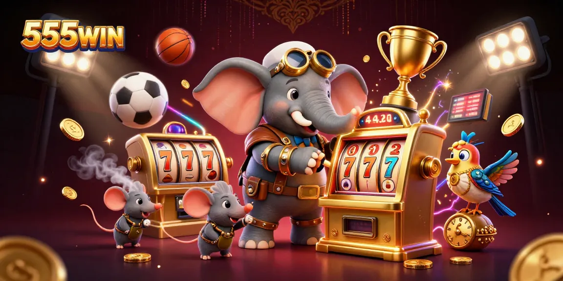 Engage with 555WIN’s dynamic casino scene featuring a steampunk elephant operating a golden slot machine with exciting game elements.