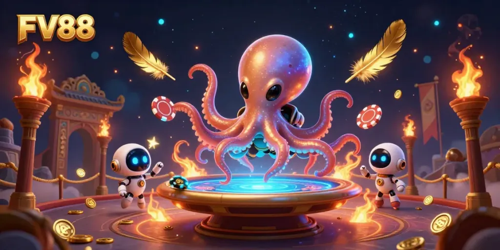 Experience the innovative FV88 alien casino with holographic poker and vibrant cosmic elements.