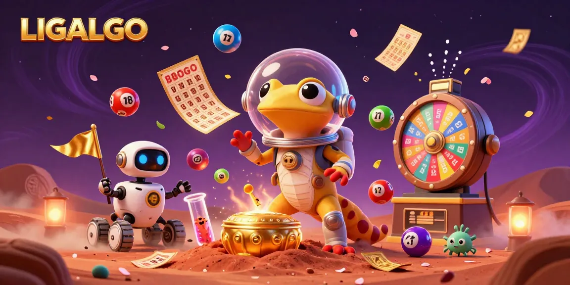 LIGALGO showcases an engaging scene of a Martian gecko and a robot in a golden casino filled with colorful lottery elements.