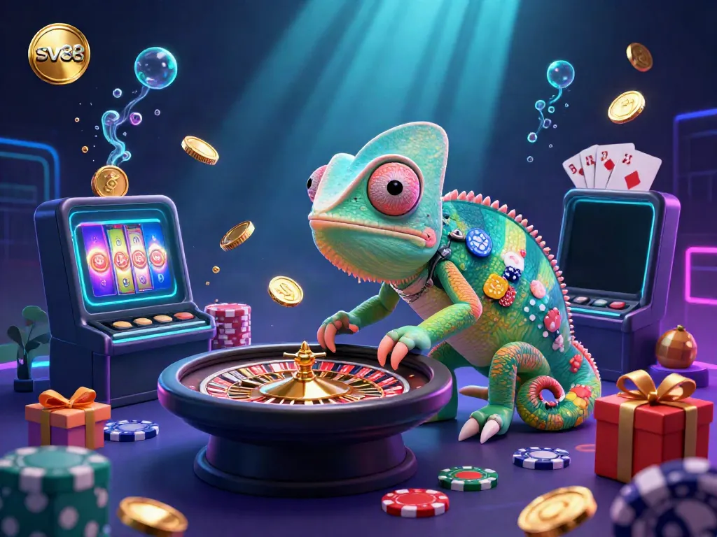 Experience thrilling gaming at sv88 with a vibrant chameleon casino owner amidst dynamic game elements.