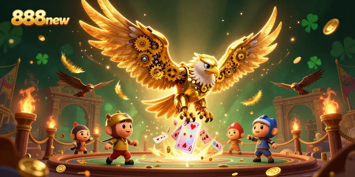 Engage in thrilling gameplay at 888new with a captivating 3D illustration of a golden eagle amidst casino elements.