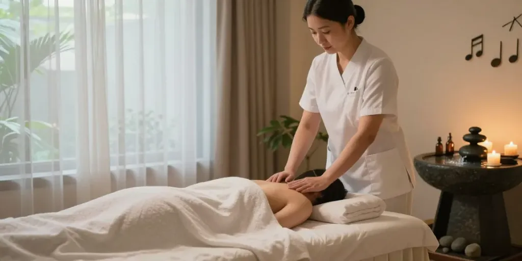Relaxing scene of a professional preparing for 분당출장안마 in a calming massage therapy room with soothing elements.
