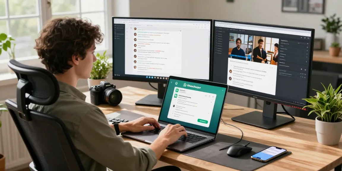 Engaging workspace with WhatsApp電腦版 on multiple screens in a modern office setting.