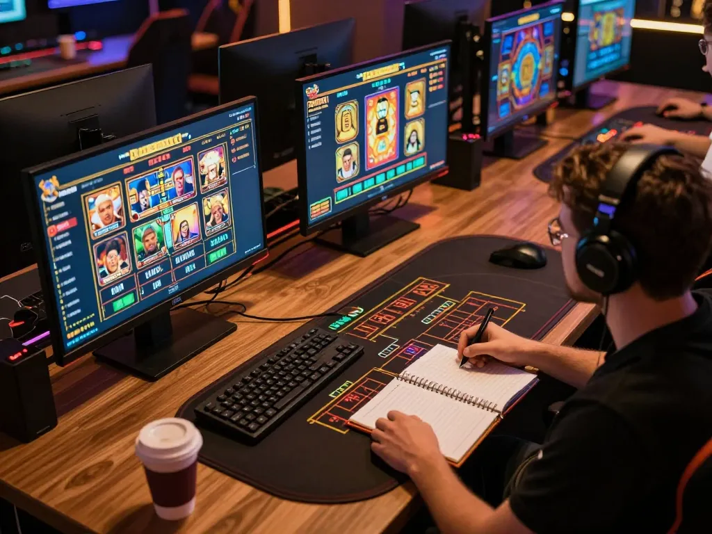 Engaging online gaming setup showing a player immersed in slot games and strategy planning for Slot Terpercaya.