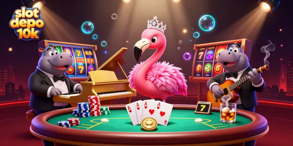 Spin to win with slot depo 10k in a vibrant casino scene filled with colorful characters and game elements.