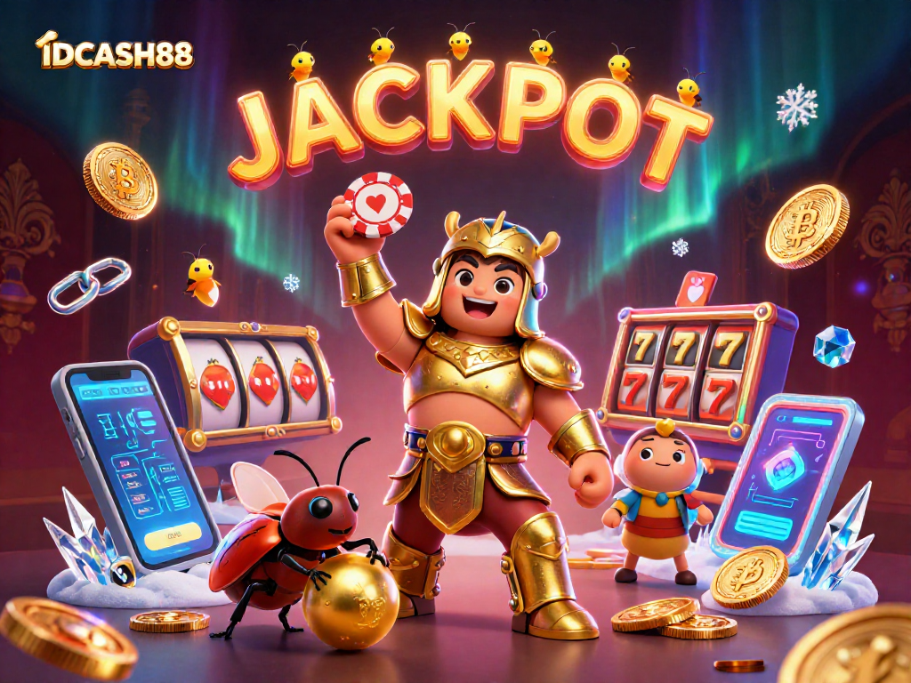 Experience the thrilling casino adventure of IDCASH88 with a victorious hercules beetle and dazzling jackpot elements.