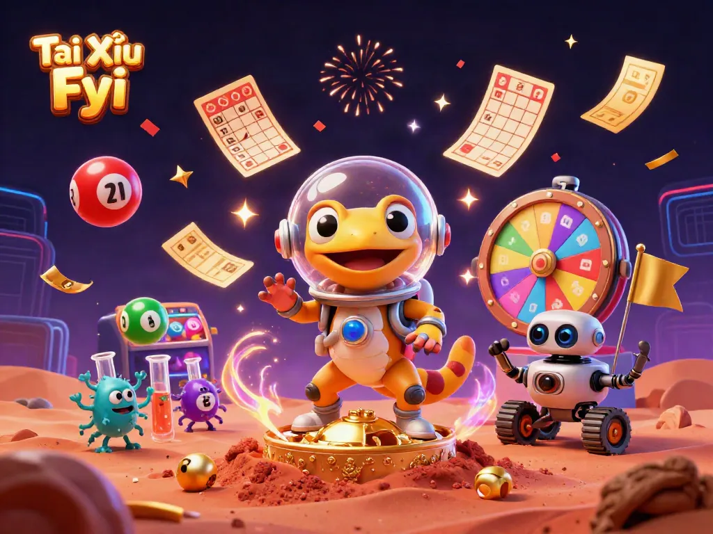 Tài Xỉu Fyi showcases a cartoon Martian gecko exploring a golden casino with dynamic lottery elements.