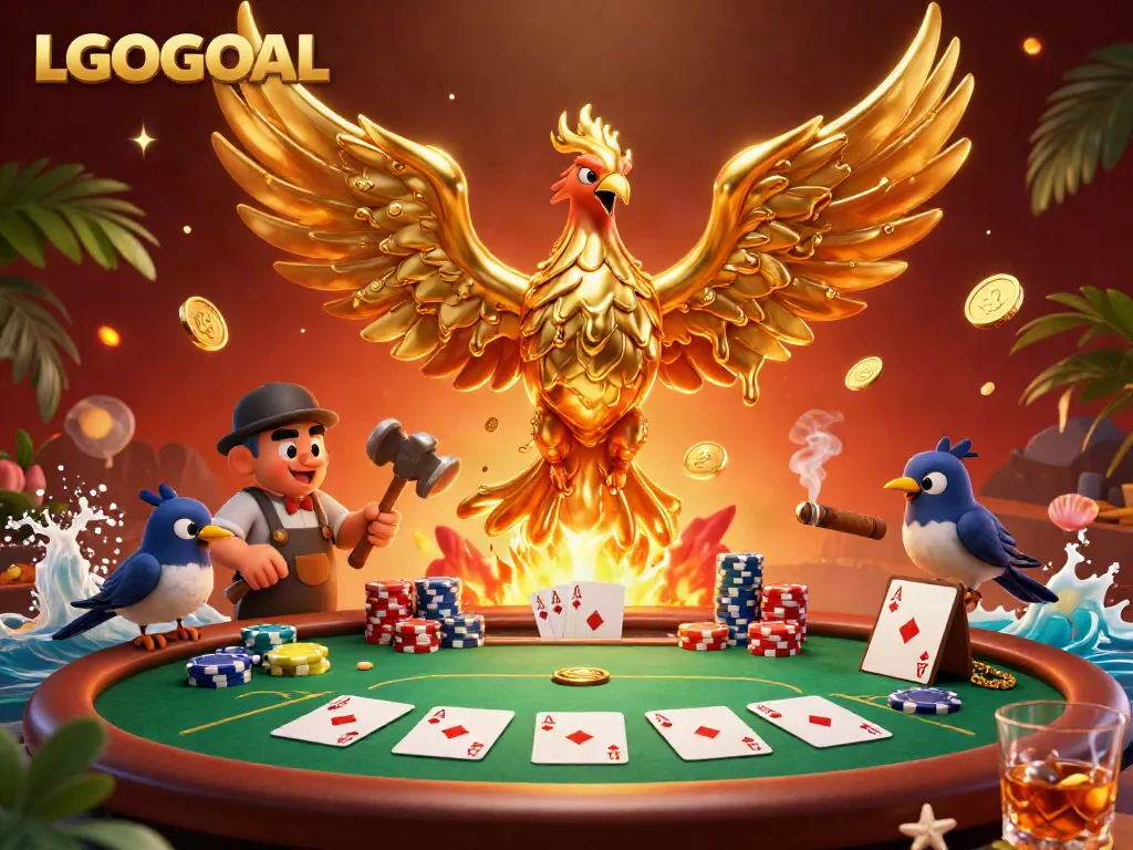 Engage with LGOGOAL's dynamic gambling scene featuring a golden phoenix and vibrant poker table elements.