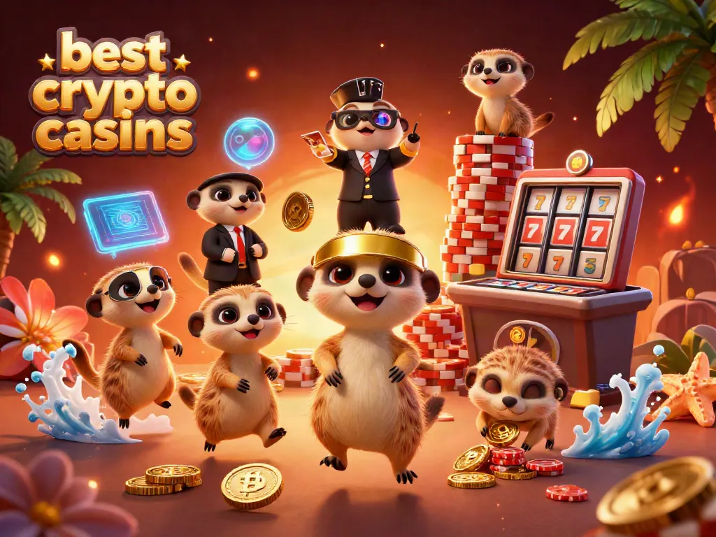 Experience the excitement of the best crypto casinos with playful meerkats running a vibrant digital gaming scene.
