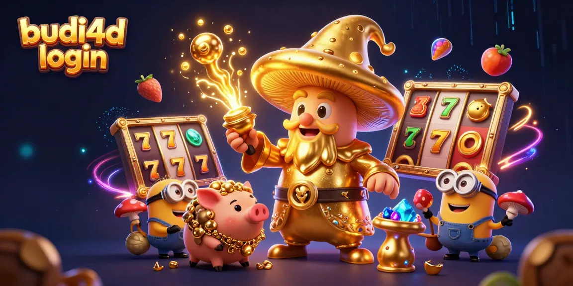 Budi4D login illustrates a golden mushroom wizard among slot reels and treasures, enhancing the gaming experience.