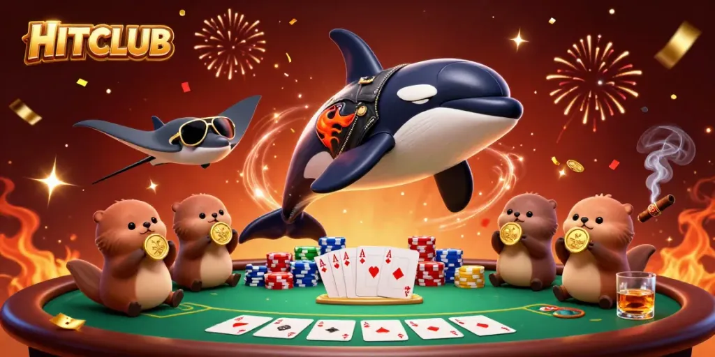 Experience HITCLUB with a vibrant orca, stingray, and sea otters amidst engaging poker elements and celebratory effects