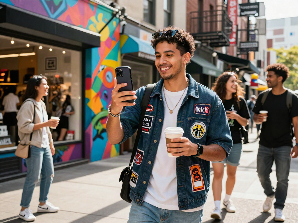 Fashion enthusiast exploring vibrant city street with rokok88 collectibles.