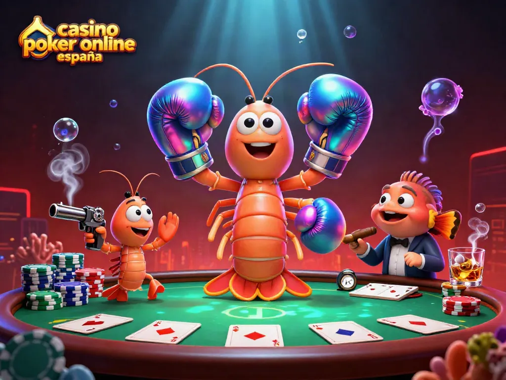 La escena completa de un juego de poker online en España con personajes marinos y elementos de casino.