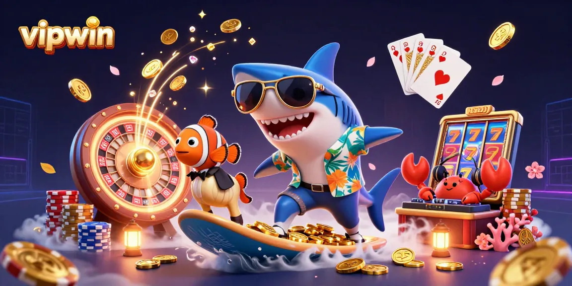 Experience thrilling gaming at vipwin with a lively 3D illustration of vibrant casino action.