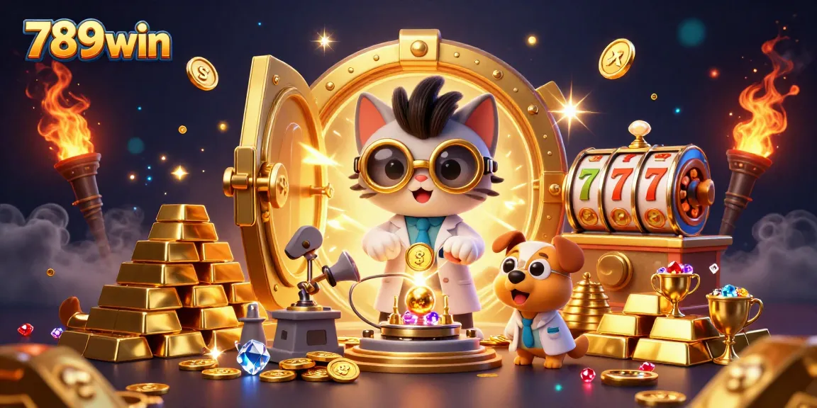 Winning spins at 789win illustrated with a mad scientist cat and golden treasures.