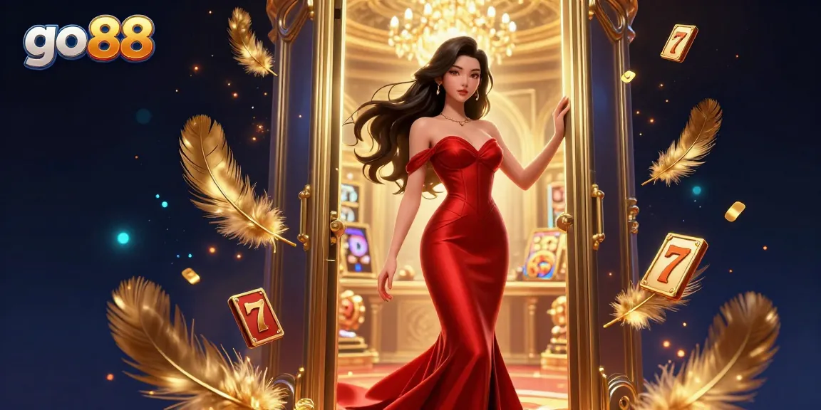 Experience the excitement of go 88 with dynamic slot reels and a beautiful casino scene.
