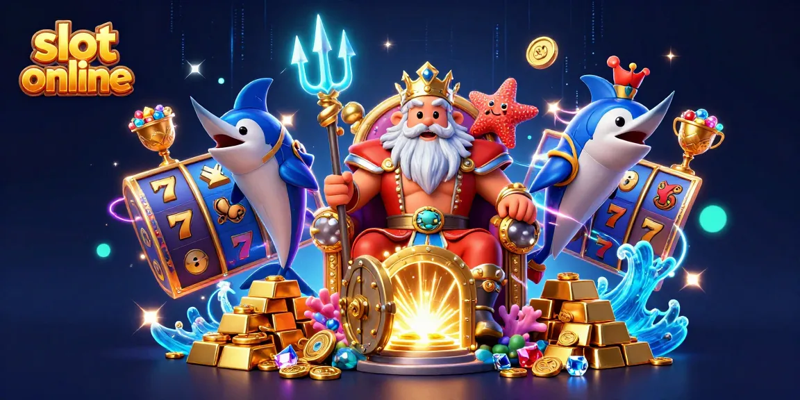 Experience thrilling moments at slot online with Neptune and his treasure in this vibrant illustration.