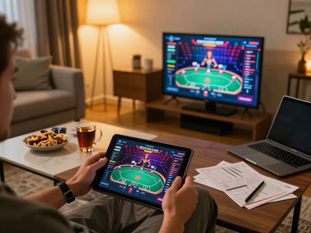 Player enjoying a dynamic online game of jun88 on a tablet with a cozy setup