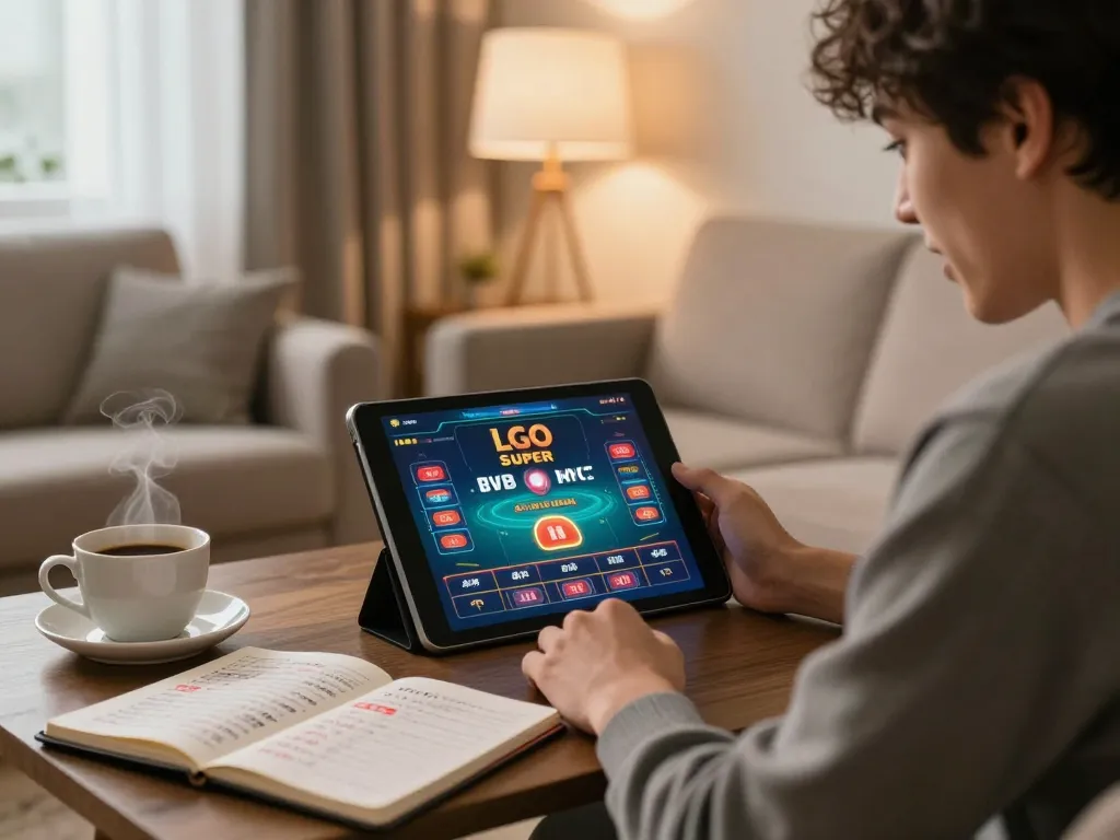 LGO SUPER online gaming scene with player engaged on tablet in cozy living room.