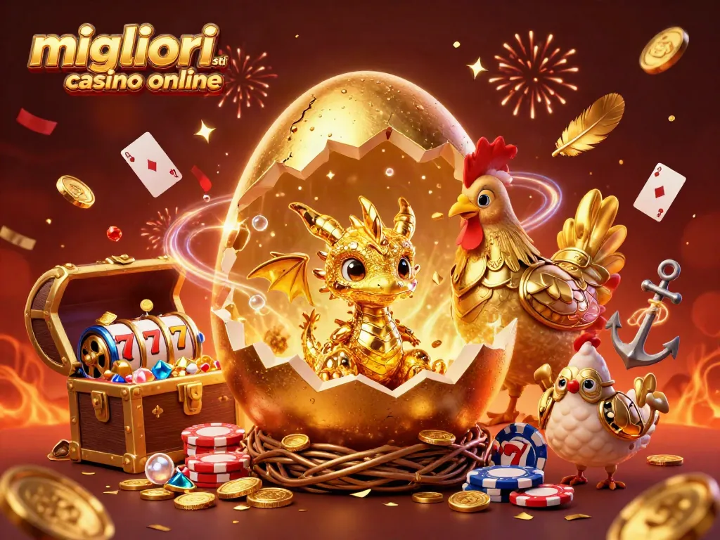 I migliori siti casino online mostrano un drago d'oro su una montagna di poker chips in un contesto vivace e festoso.
