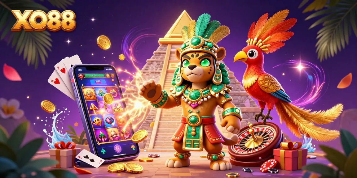Engage with XO88's thrilling slots, featuring a vibrant scene of a Mayan priest and golden coin action.