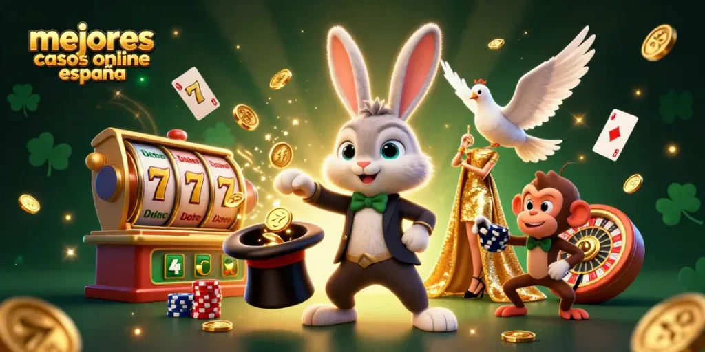 Los mejores casinos online en España presentan un mágico espectáculo con un conejo, palomas y un mono en un entorno de juegos vibrante.