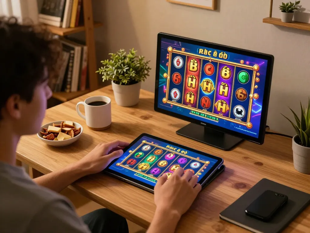 Engaging in a game bài nổ hũ on a tablet while enjoying a cozy home atmosphere