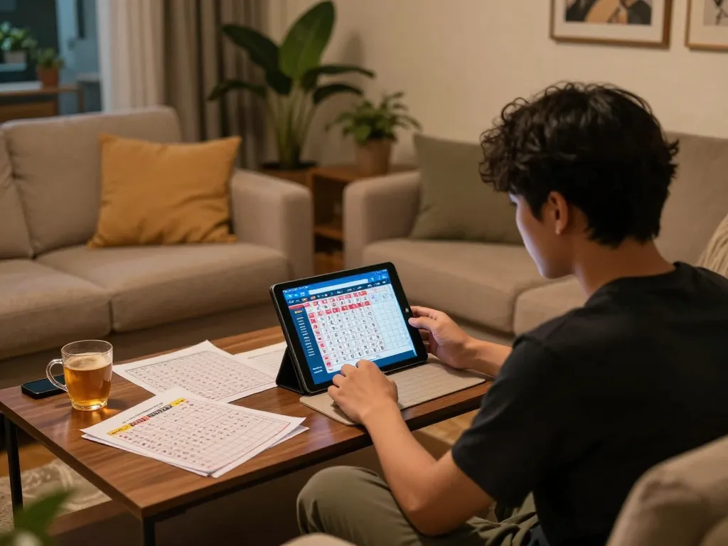 Player analyzing togel sgp results on a tablet during a cozy home session