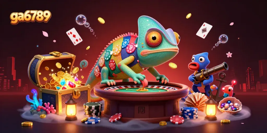 Experience thrilling gambling with ga6789, featuring a colorful chameleon casino owner and exciting game elements.