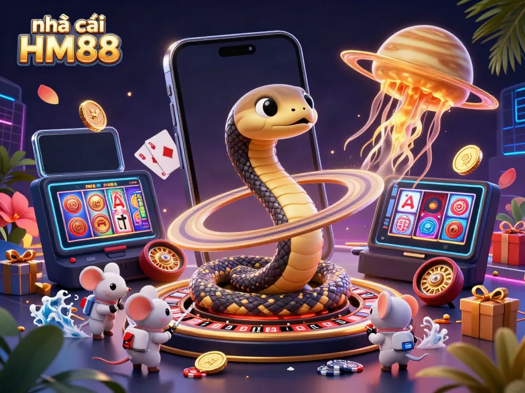 Experience the thrill of nhà cái HM88 with vibrant gaming elements and an engaging cosmic scene of bets and games.