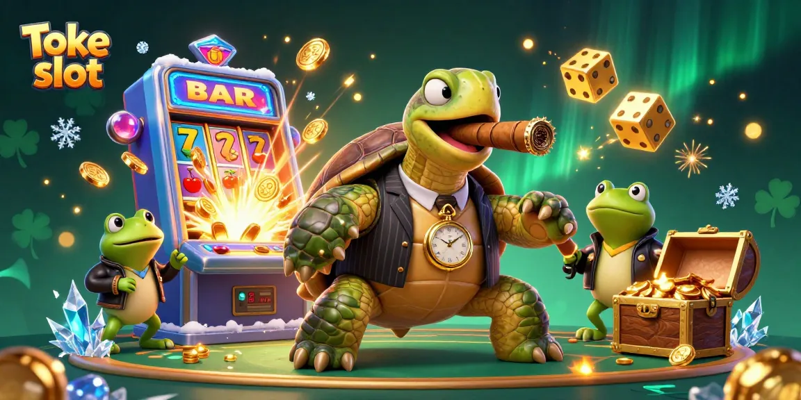 Toke slot engaging scene with cartoon characters, bursting slot machine, and vibrant casino elements