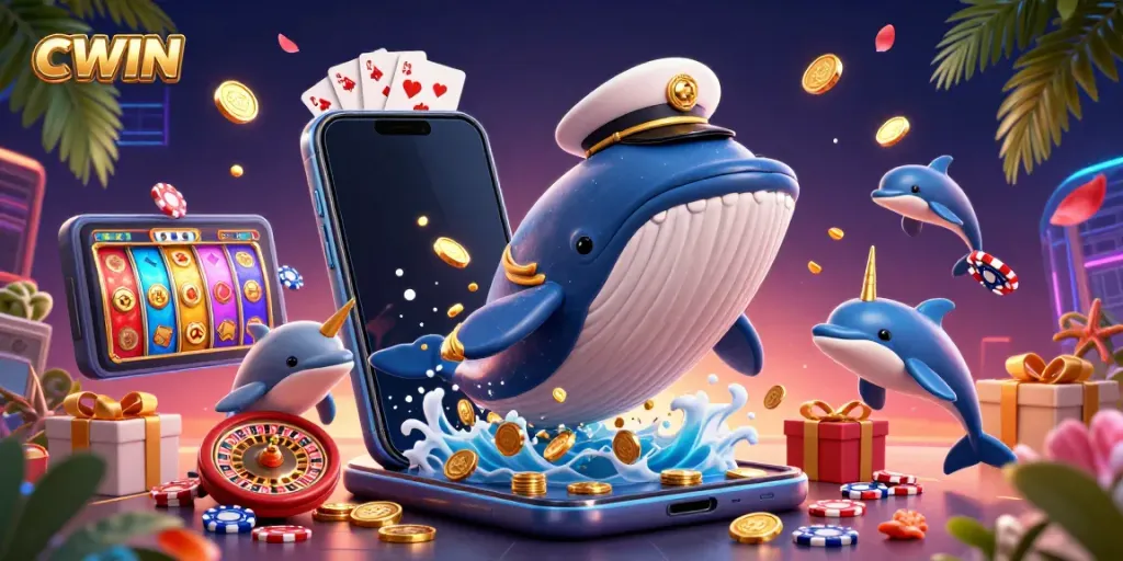 CWIN celebrates winning moments with a giant cartoon whale and poker-playing dolphins amidst a festive coin shower.